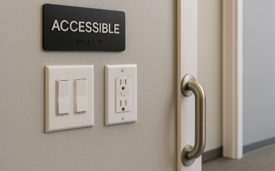 ADA-compliant light switch panel with Braille signage and grab bar
