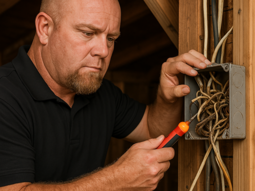 Electrician inspecting tangled wires in an attic junction box