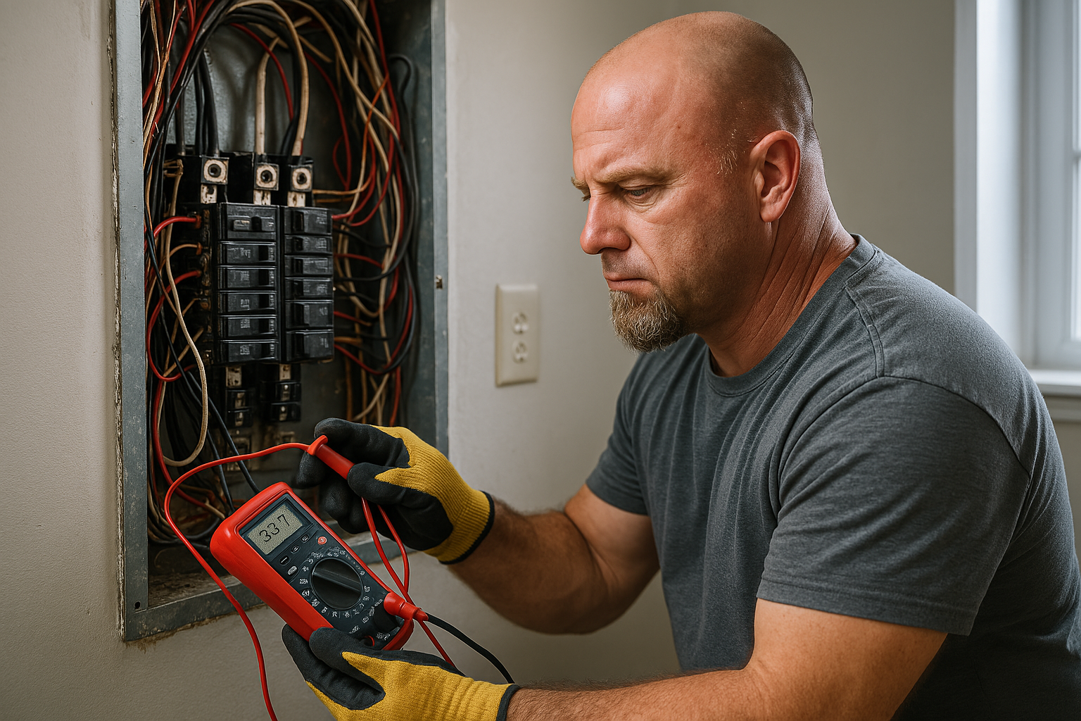 Electrician testing overloaded electrical panel with a multimeter in residential home