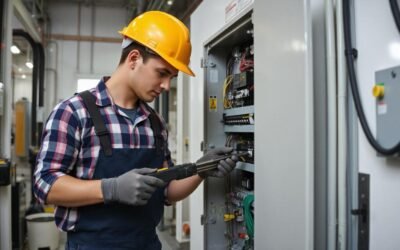 An electrician working on an electrical panel in a modern commercial office, wearing safety gear and using advanced tools, with clean, professional surroundings.