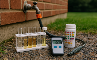 Outdoor water quality testing kit beside brick house with color tubes and digital meter