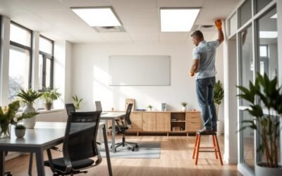 A professional electrician installing modern LED panel lighting in a stylish office space, featuring sleek furniture, natural light, and a clean workspace.