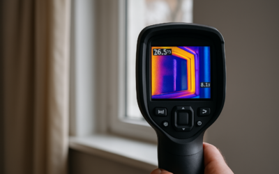 Thermal imaging camera analyzing heat loss through residential window